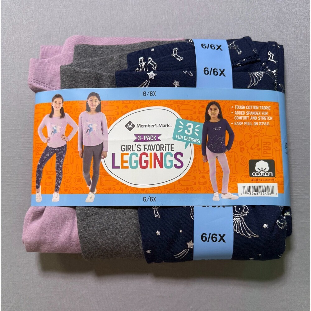 NWT Member's Mark My Favorite Leggings Girls (6/6X) Multicolor Preppy - 3-Pack